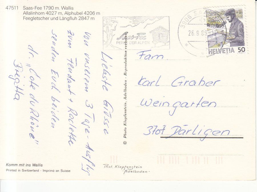 Ansichtskarten: Saas Fee 1989 – Gebraucht aus Bürglen TG von StampGraf 1