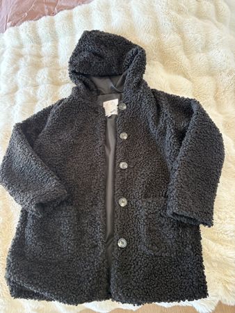 Damen Teddy-Mantel schwarz mit Kapuze 