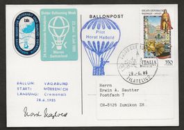 Ballon Schweiz 1985 Mürren Cremona Italien Luftpost