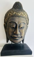 Buddha Kopf Skulptur auf Sockel, Gold-Schwarz,