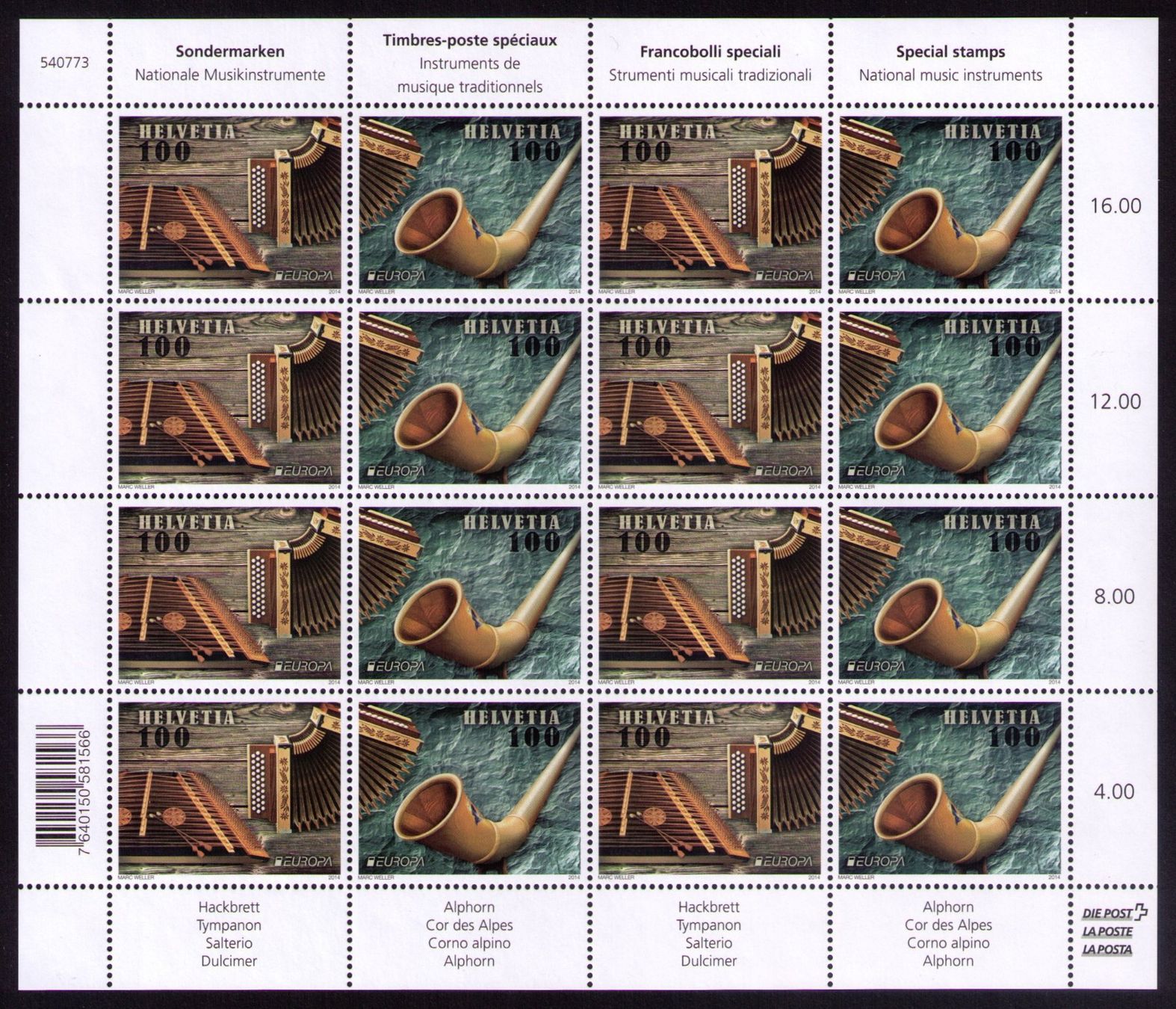 Tutti i francobolli: 2014_1509+10_INSTRUMENTE_HACKBRETT+ALPHORN_Bogen kompl. ! ** – Nuovo (secondo la descrizione) da Marthalen venduto da Ch_quality