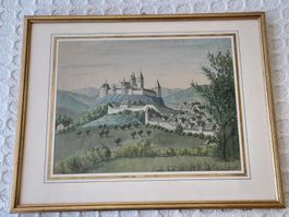 Aquarell " Burgfestung über Stadt "