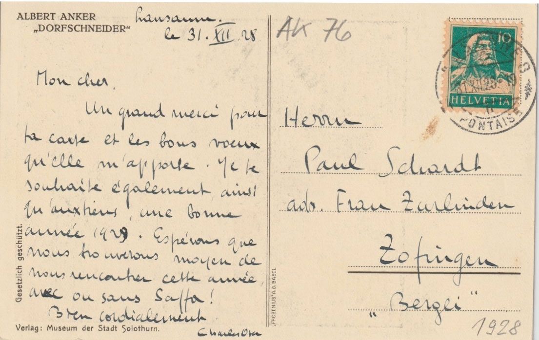 Cartoline postali: AB 76 Albert Anker, Dorfschneider, 1928 – Usato da Freienbach venduto da Bhaltis 1