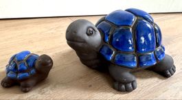 2 x Gartenfigur Schildkröte Keramik matt Panzer glasiert