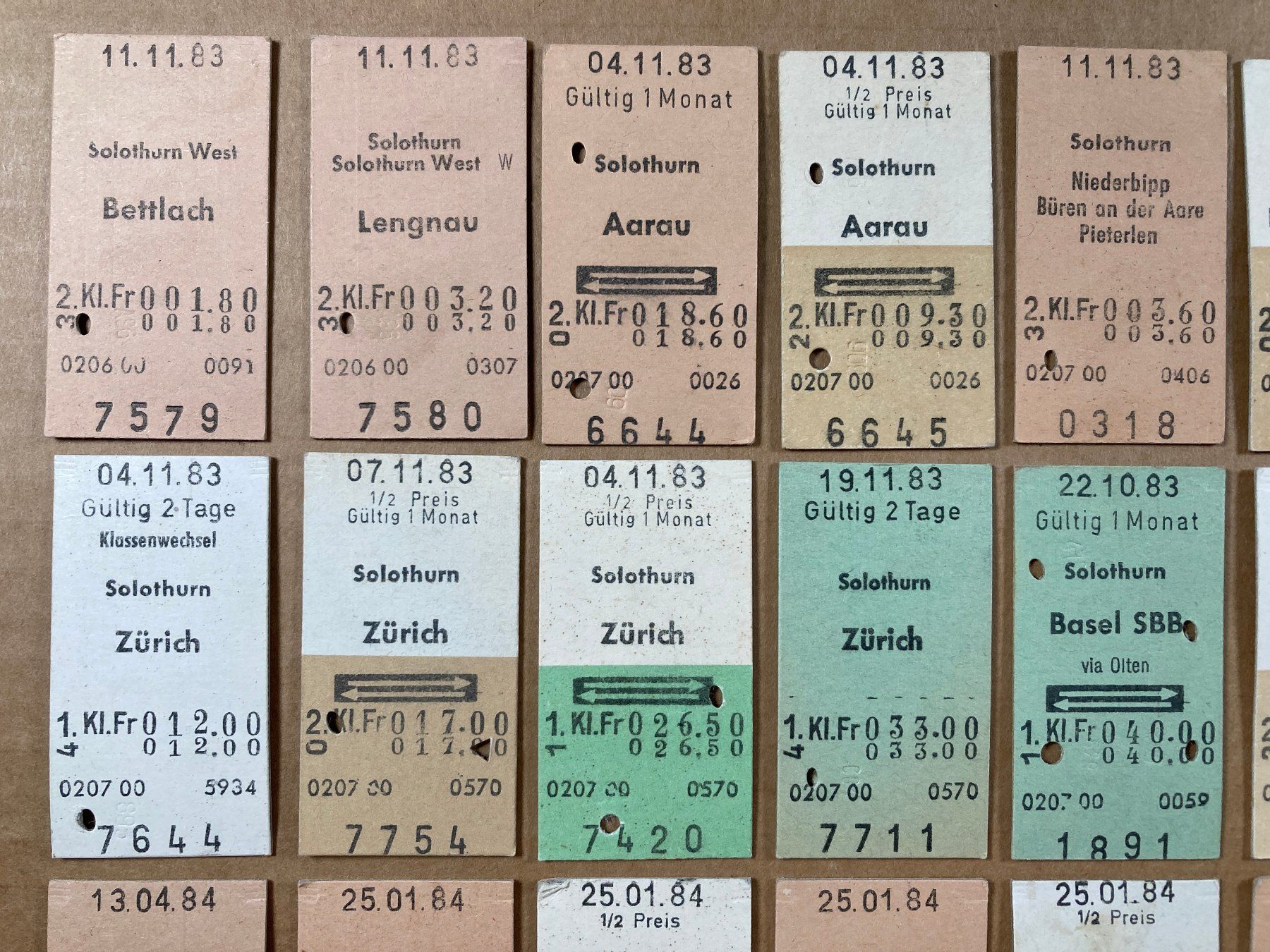 Tickets: Solothurn, 37 Edmondsonsche Bahn Billette, 1983, 1984, SBB – Gebraucht aus Lenzburg von fh1 1