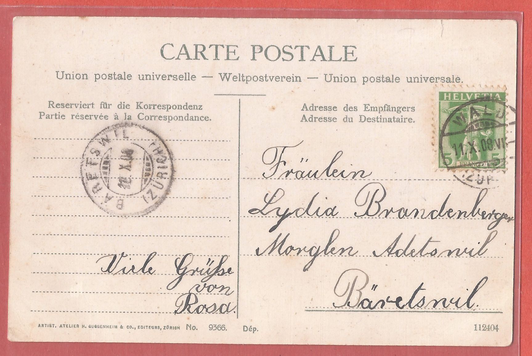 Cartoline postali: Wald ZH - Mondscheinkarte - 1908 – Usato da Fislisbach venduto da Porano 1