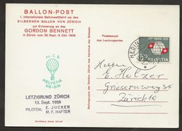 Ballon Schweiz 1959 Zürich Hedingen Flugpost Luftpost