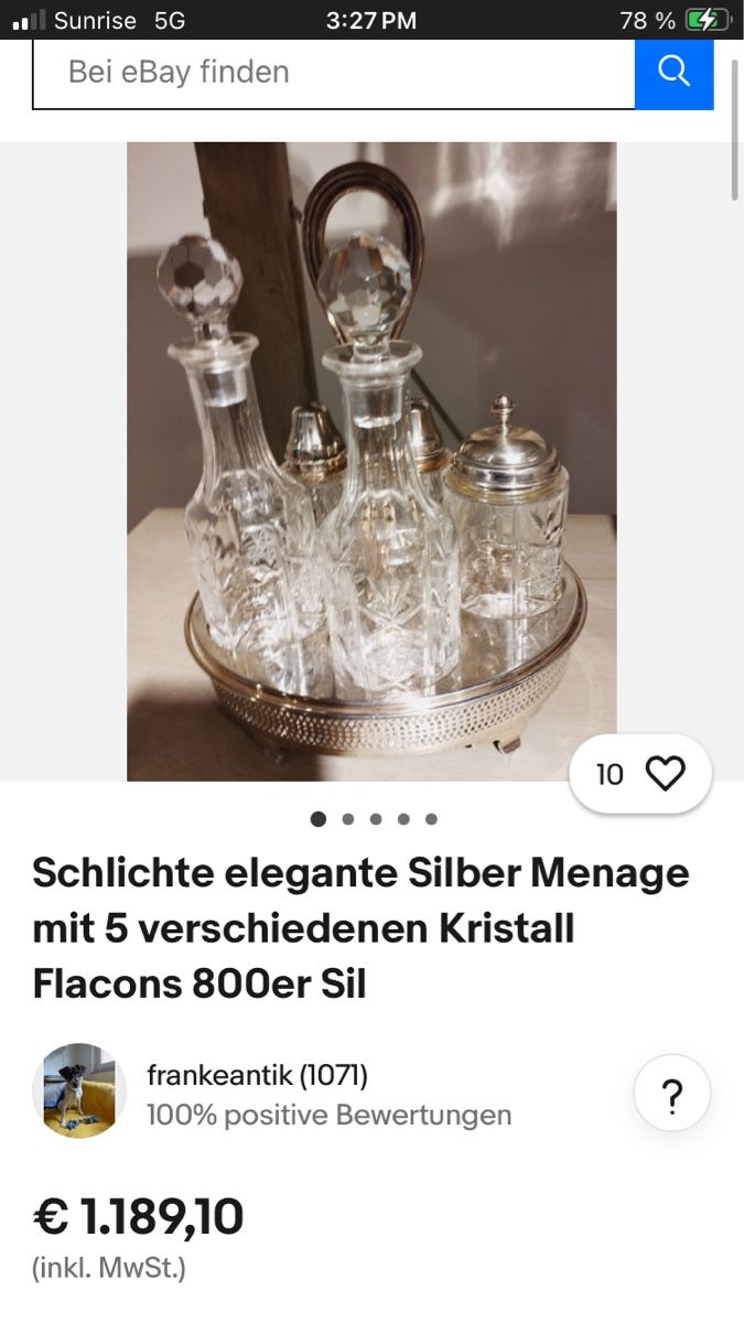 Flaconi: Schlichte Silber  Menage mit Kristall Flacons, 800er – Usato da Muralto venduto da jac_hkz5 8