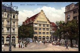 AK Zürich, Straßenbahn auf dem Paradeplatz und Bahnhofstrass