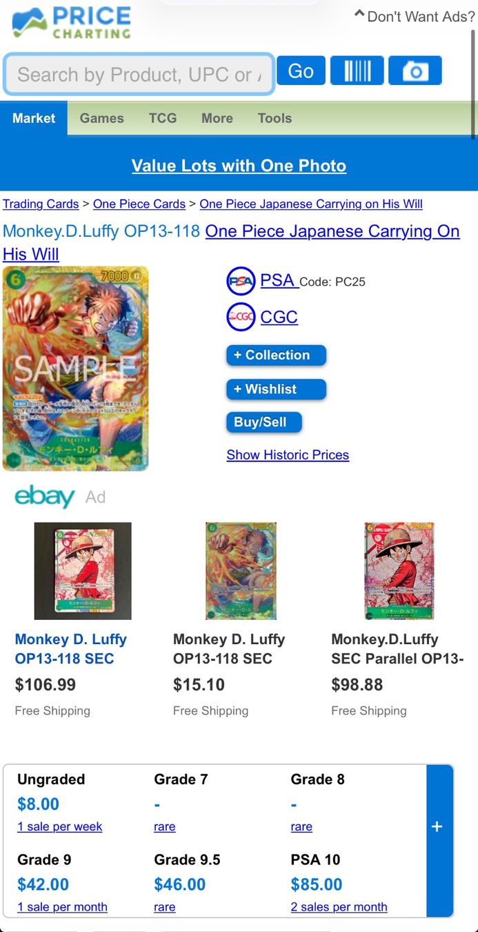 Bandai Carte collezionabili: Monkey D. Luffy OP13-118 SEC - SG 10 - Gem Mint - JP – Nuovo (secondo la descrizione) da Chêne-Bougeries venduto da Carte-Sauvage 2