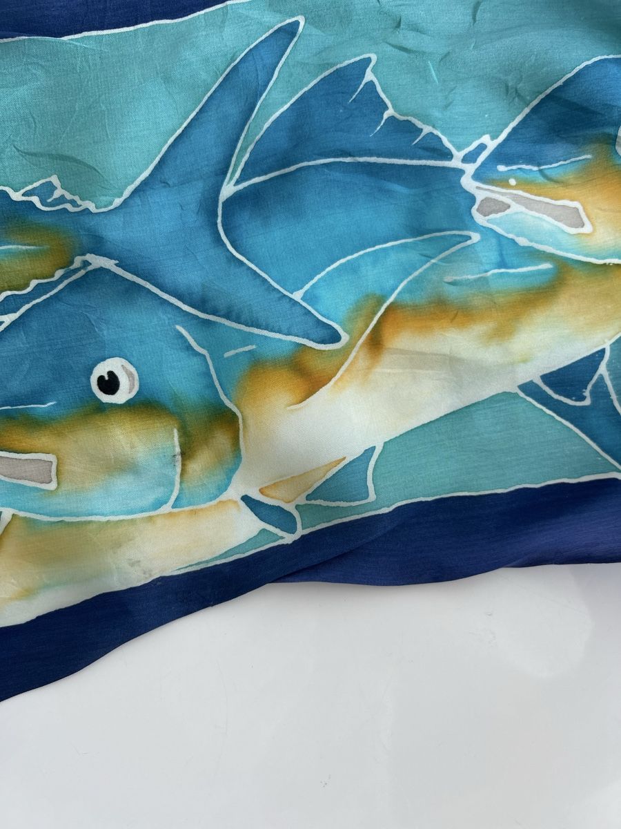 Foulard & Sciarpe: Silk Scarf Fish Print Blue Hand Painted Decorative used – Usato da Saland venduto da ele_vc96 3