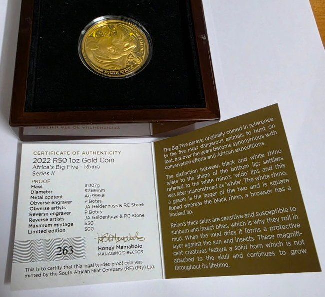 Tutti le monete: 1 oz Big Five Gold Nashorn 2022 – Usato da Caslano venduto da Pspidi 4