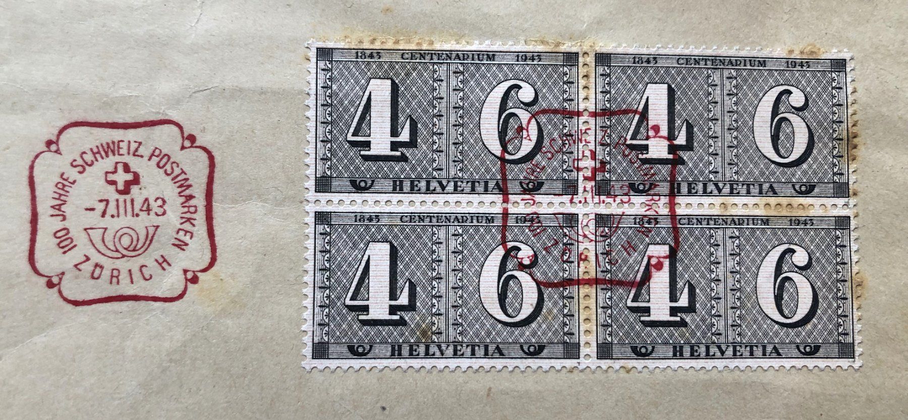 Tutti i francobolli: Schweizerische Postmarken - Einschreiben - 4er Block - 1943 – Usato da Schaffhausen venduto da durruti 1