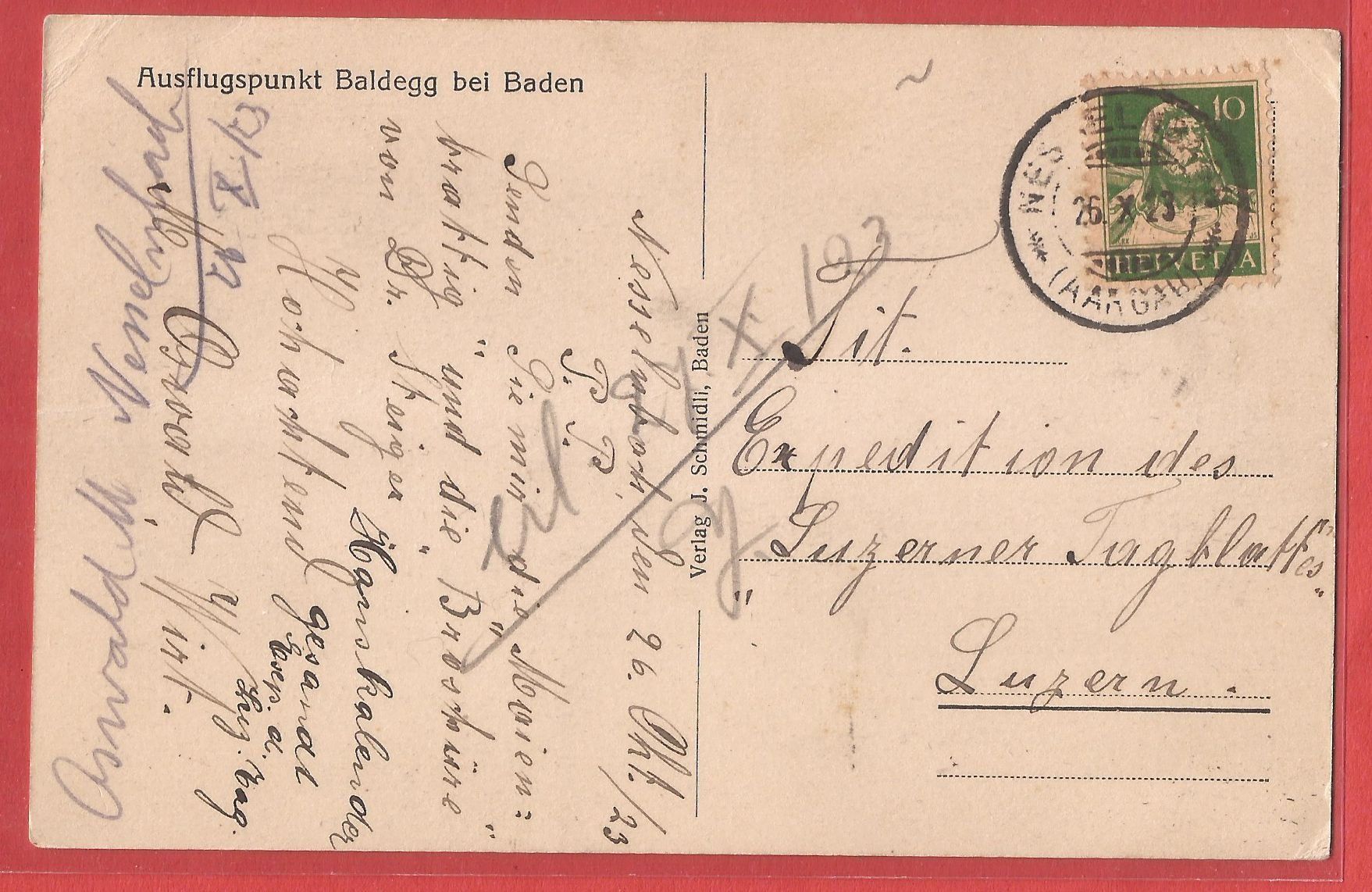 Ansichtskarten: Baden - Restaurant Baldegg - 1923 – Gebraucht aus Fislisbach von Porano 1