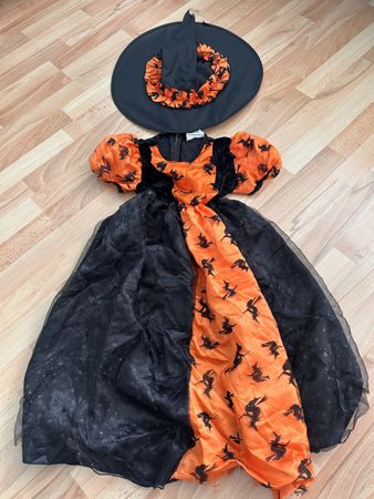 Hexenkostüm mit Hut orange, Grösse 128  
