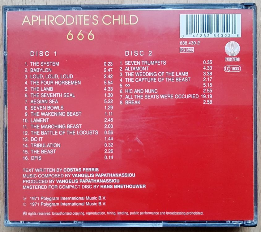 APHRODITE'S CHILD 666 2 CD Fatbox Vangelis Costas Roussos (Gebraucht ...