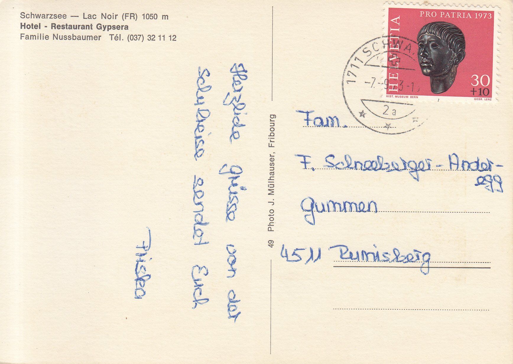 Ansichtskarten: Schwarzsee 1973 – Gebraucht aus Bürglen TG von StampGraf 1