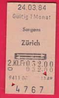 KARTON BILLETT, SARGANS - ZÜRICH, 2.KLASSE, RETOUR