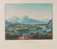 Interlaken Unterseen altkolorierte Aquatinta von Schmid