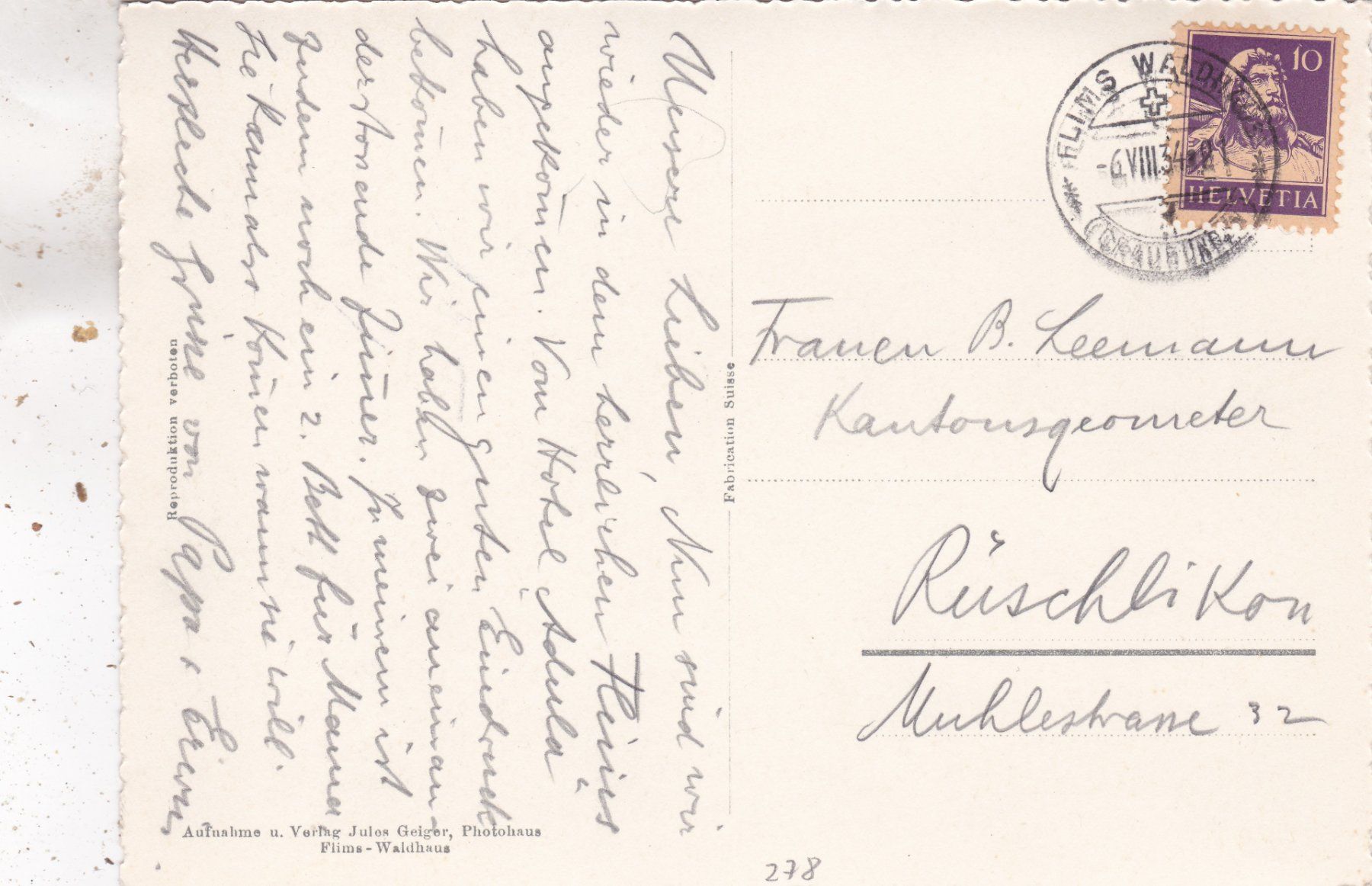 Cartoline postali: Waldhaus Flims 1934 – Usato da Herisau venduto da Lisegrat2008 1