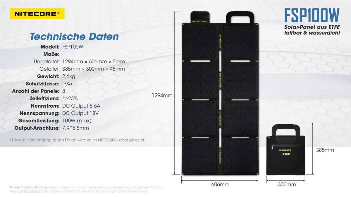 Dispositivi a energia solare: NITECORE Solar Panel FSP100W - wasserfest – Nuovo e nell'imballaggio originale da Grüningen venduto da Prolumin 9