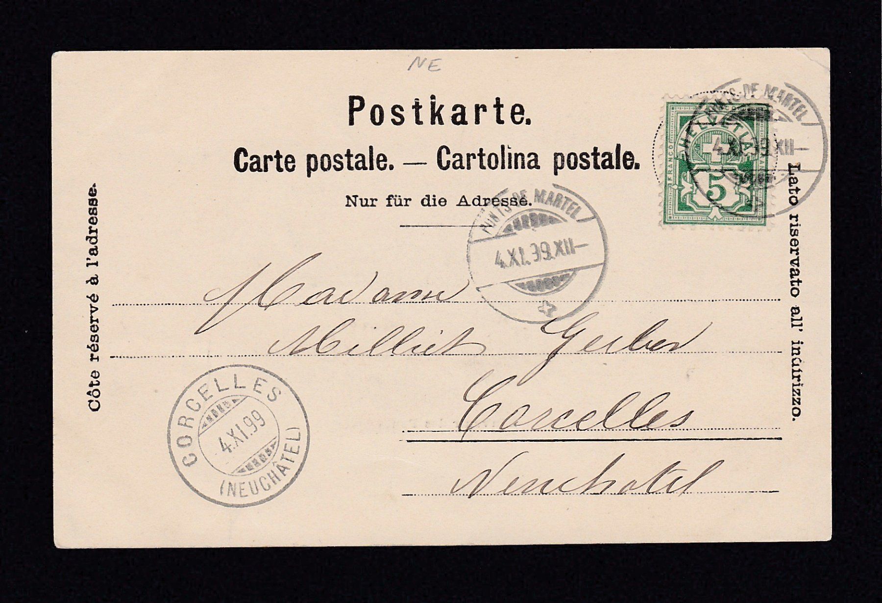 Cartoline postali: LES PONTS-DE-MARTEL, 1899 – Usato da Reiden venduto da cinfis 1