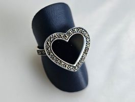 Herz Ring aus Silber mit Onyx Grösse 56