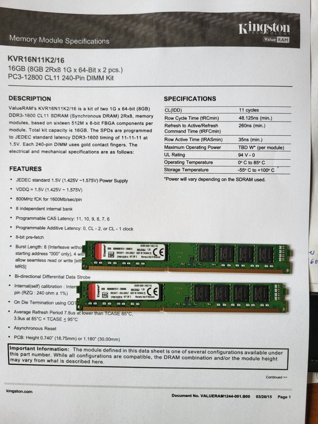 Kingston Memory / RAM: Speichermodule DDR3 Ram 16GB – Gebraucht aus Gwatt (Thun) von chribreuth