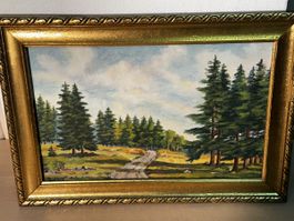 Tableau paysage d'automne, cadre doré, 30x50cm.