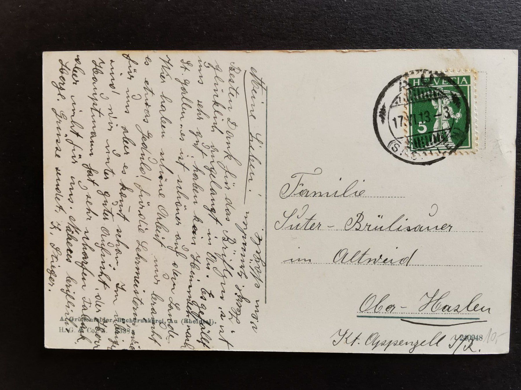 Cartoline postali: Au  Ansichtskarte   Rheintal  1913   St.Gallen – Usato da Rheineck venduto da kat_7gld 1