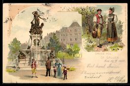 Lithographie St. Gallen, Spaziergänger am Brunnen, Paar in T