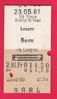 SBB KARTON BILLETT, LUZERN - BERN, 2.KLASSE, HALBTAX, RETOUR