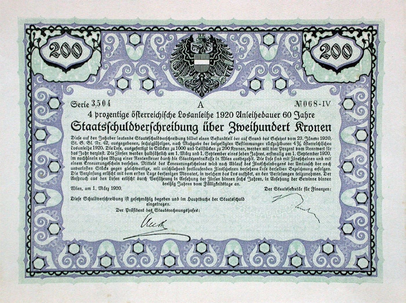 Documenti: Staatsschuldverschreibung, Wien - 1920 – Usato da Solothurn venduto da Sgasche