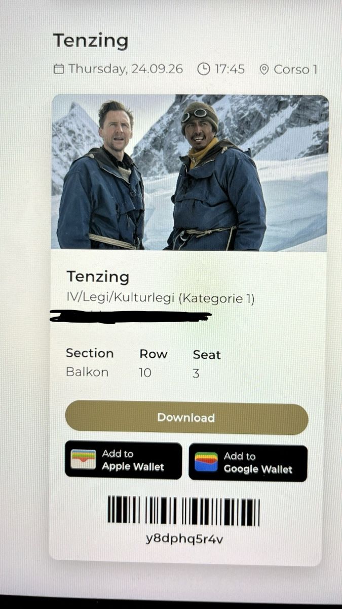 Tickets: ZFF Ticket Tenzing Premium Screening – Neu und originalverpackt aus Zollikon von sjo_5cbn