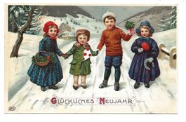 Glückliches Neujahr - Kinder im Winter - Präge-Litho - 1912