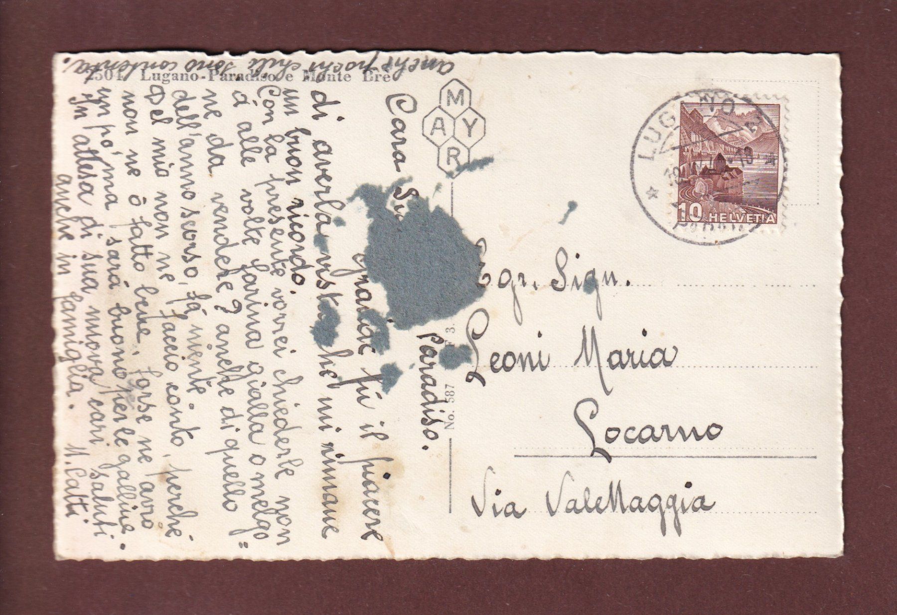 Cartoline postali: LUGANO-PARADISO - Monte Brè - 1943 – Usato da Pully venduto da nicecards 1