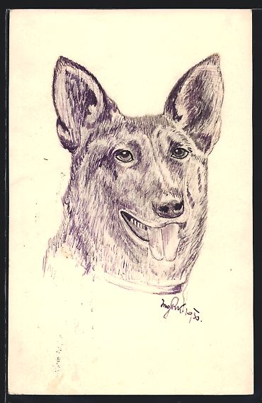 Cartes postales: Handgemalt: Schäferhund mit hängender  – D'occasion à Berlin par bartko-reher