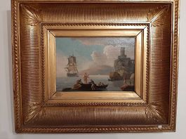 Antikes Oelbild 19.Jh. Segelschiff mit markantem Ufergelände