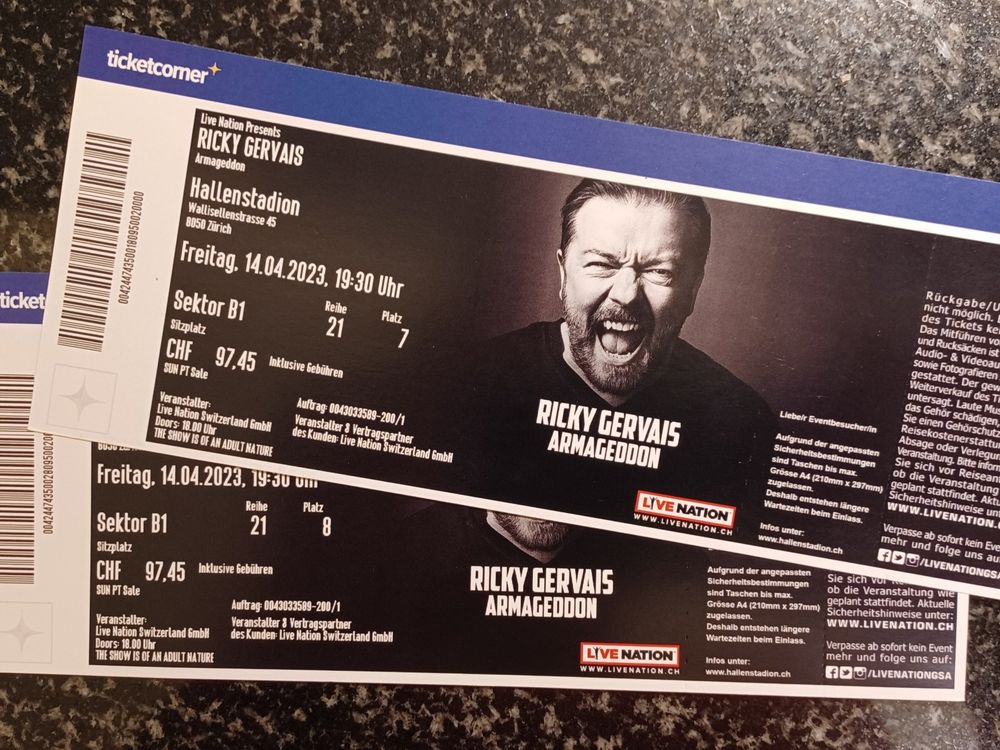 2 Tickets, Ricky Gervais, 14.04.2023, Hallenstadion | Kaufen auf Ricardo