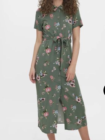 Vero Moda Hemdblusenkleid XS, grün floral mit Bindegürtel