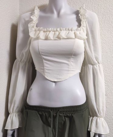 Romantische Corsagen-Bluse Organza-Ärmeln Cottagecore NEU S