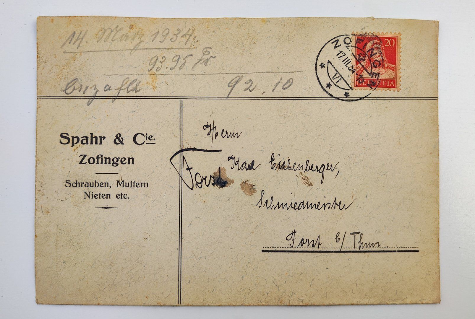Buste & buste per spedizione: Couvert Spahr Zofingen 1934 – Usato da Lenzburg venduto da Dani_Lenzburg