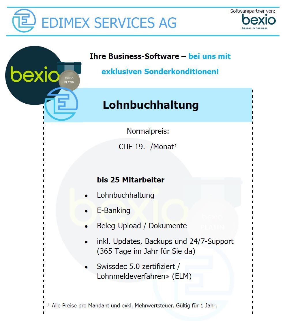 Software: bexio Lohnbuchhaltung - 1 Jahr Abo - Lizenz – Neu und originalverpackt aus Zürich von Edimex_Services_AG 1