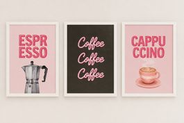 3er Set Kaffee Wandbilder Rosa – Espresso Cappuccino Coffee 