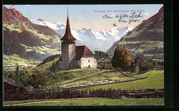 Cartoline postali: Frutigen, Kirche mit Doldenhorn und Alle – Usato da Berlin venduto da bartko-reher