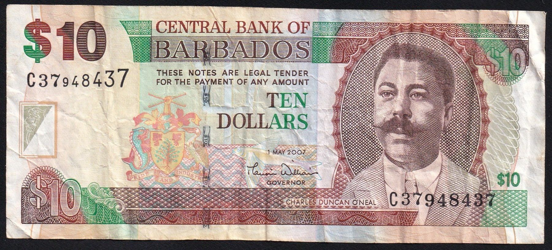 Banknoten: Barbados 10 Dollars 2007 – Gebraucht aus Brugg AG von banknoten_muesli