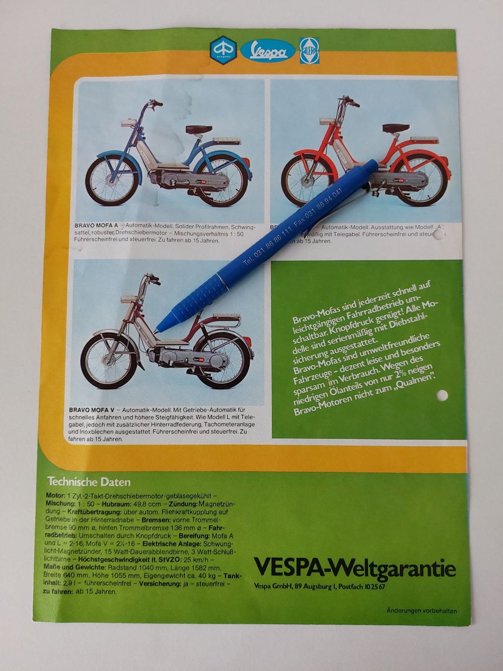 Vespa Dokumente: Prospekt Mofa Vespa Bravo Piaggio – Gebraucht aus Schenkon von TG10 1