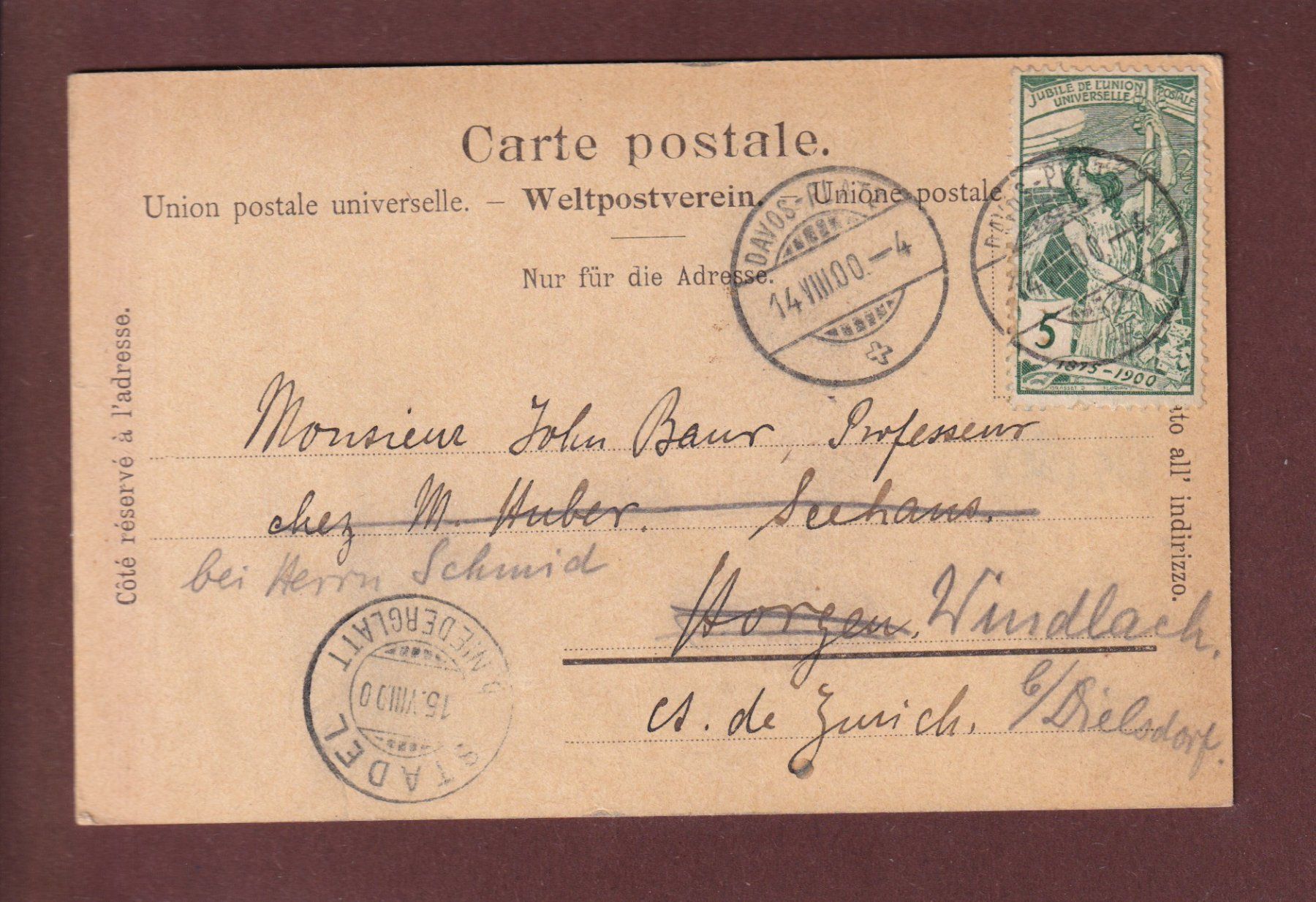 Cartoline postali: DAVOS vom Gemsjäger - 1900 UPU – Usato da Pully venduto da nicecards 1