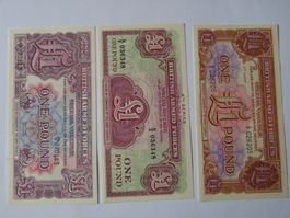 3 British Armed Forces Special Vouchers 1 Pound Noten, Unc