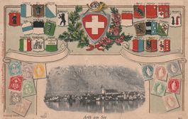 Arth am See-Wappen & Briefmarken-Motiv-Präge Litho 1907